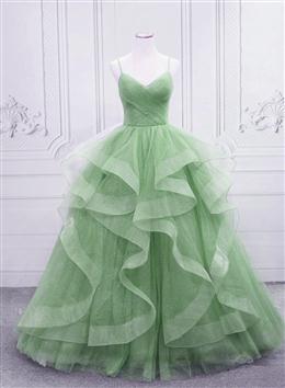Picture of Light Green Layers Tulle Straps Long Formal Dresses, Light Green Sweet 16 Gown
